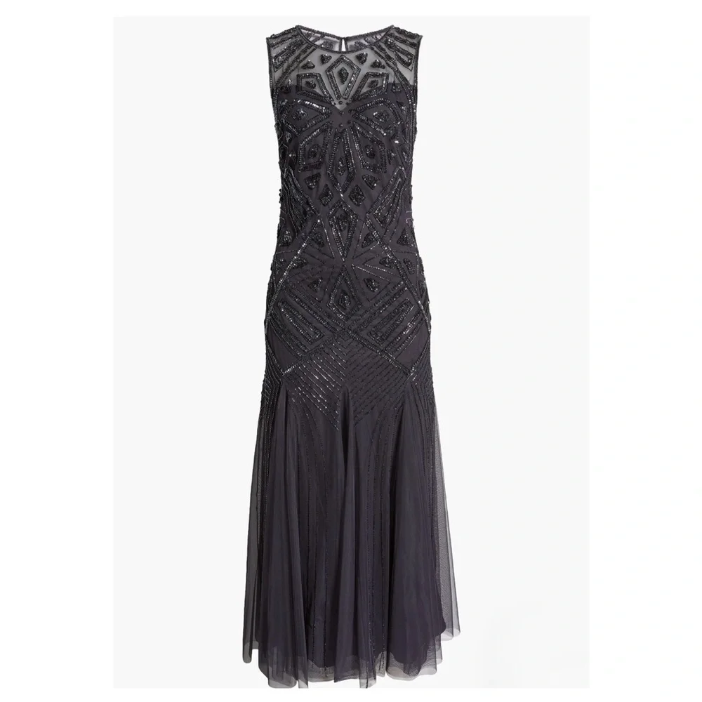 Pisarro Nights Slate Blue Geometric Beaded Sleeveless Gown D-2621 Size 14 - Picture 5 of 13